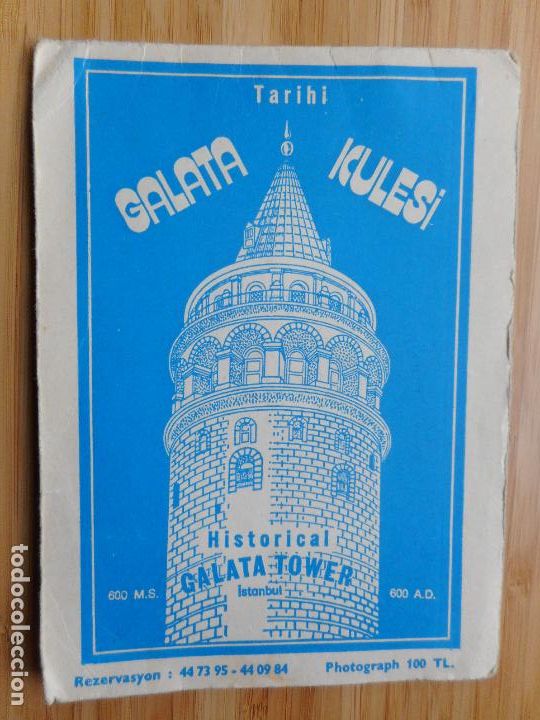 Tourismusbrosch&uuml;ren: ANTIGUO DIPTICO TURISMO TARIHI GALATA KULESI. GALATA TOWER ISTANBUL TURKIA. EXOTIC DANCER PHOTO 1980