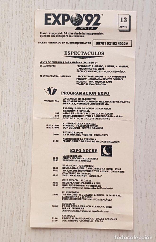 Folletos de turismo: PROGRAMA EXPO 92. PROGRAMACI&Oacute;N ESPECT&Aacute;CULOS D&Iacute;A 13 JUNIO - Foto 1