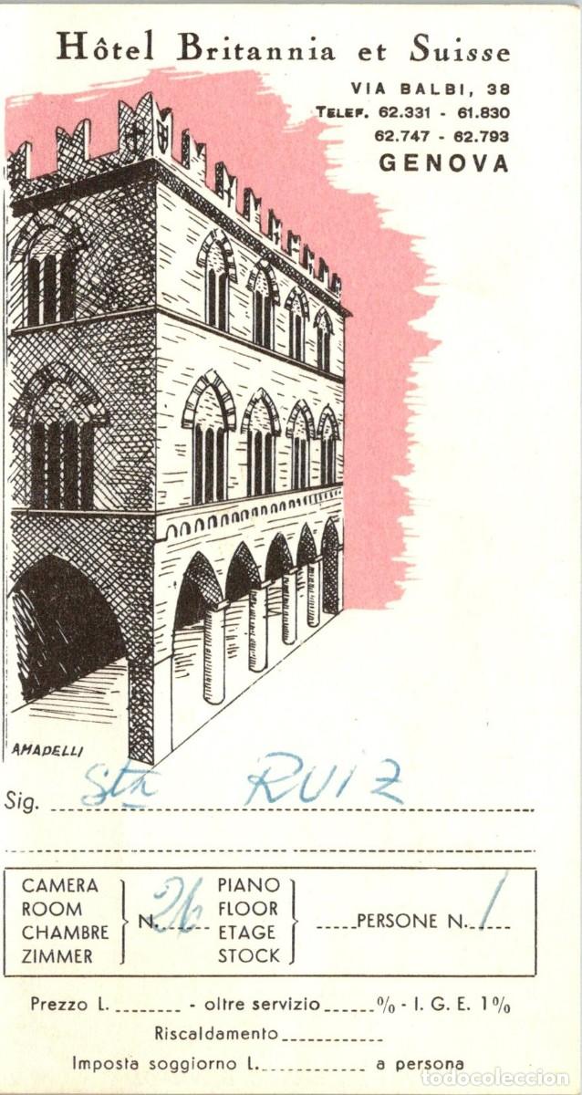 Folletos de turismo: G&eacute;nova - Hotel Britania et Suisse- Documento n&ordm; Habitaci&oacute;n Tr&iacute;ptico -Pub. Banco Napoli -Plano Centro