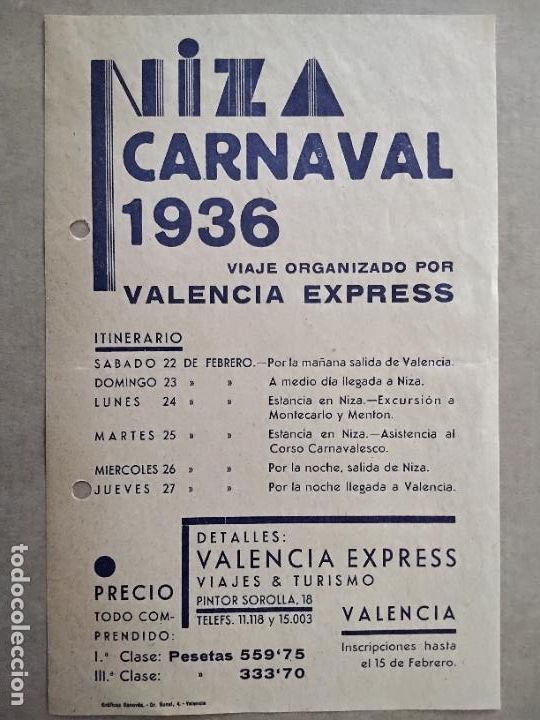 Tourismusbrosch&uuml;ren: carnaval niza francia 1936 viajes valencia express
