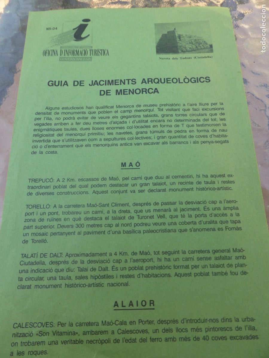 Brochures de tourisme: GU&Iacute;A DE YACIMIENTOS ARQUEOL&Oacute;GICOS DE MENORCA. (Castellano/catal&aacute;n)