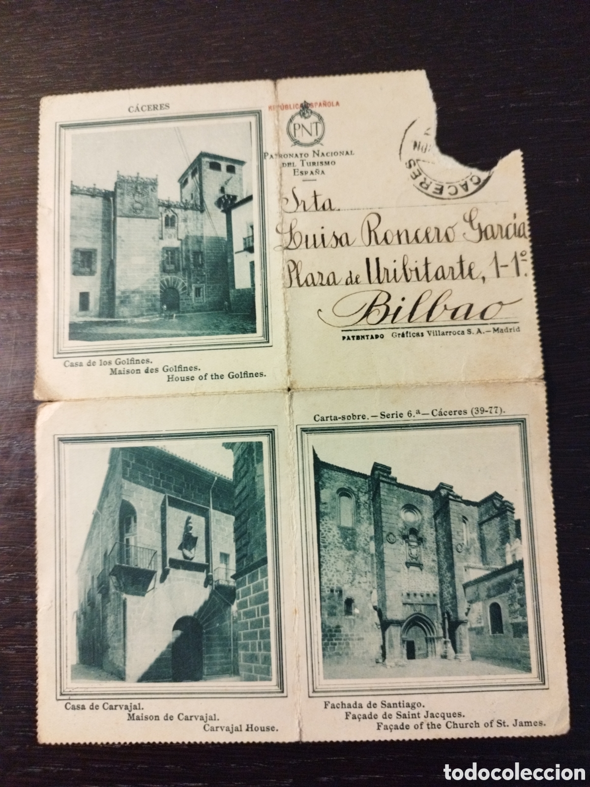 Folhetos de turismo: Carta manuscrita sobre folleto tur&iacute;stico C&aacute;ceres Patronato turismo republica espa&ntilde;ola 1935