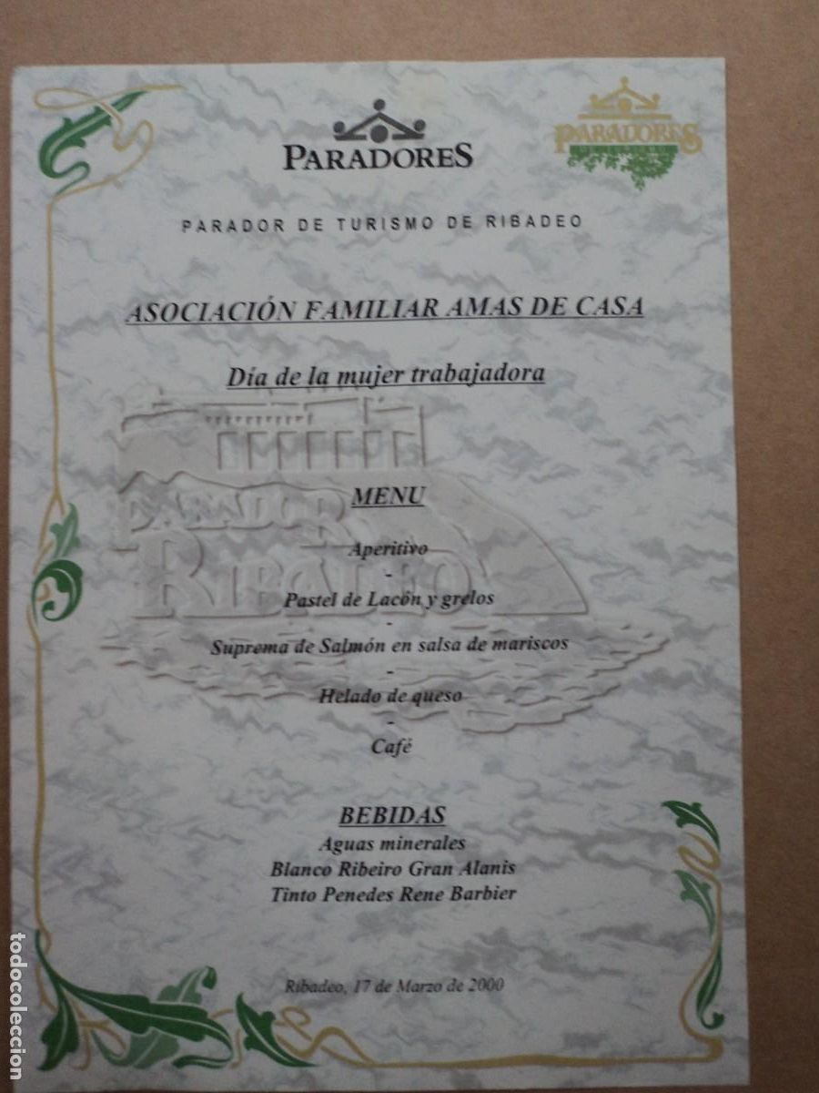Folhetos de turismo: Carta men&uacute; &rdquo;Asociaci&oacute;n Familiar Amas de Casa&rdquo; Parador turismo de Ribadeo - a&ntilde;o 2000