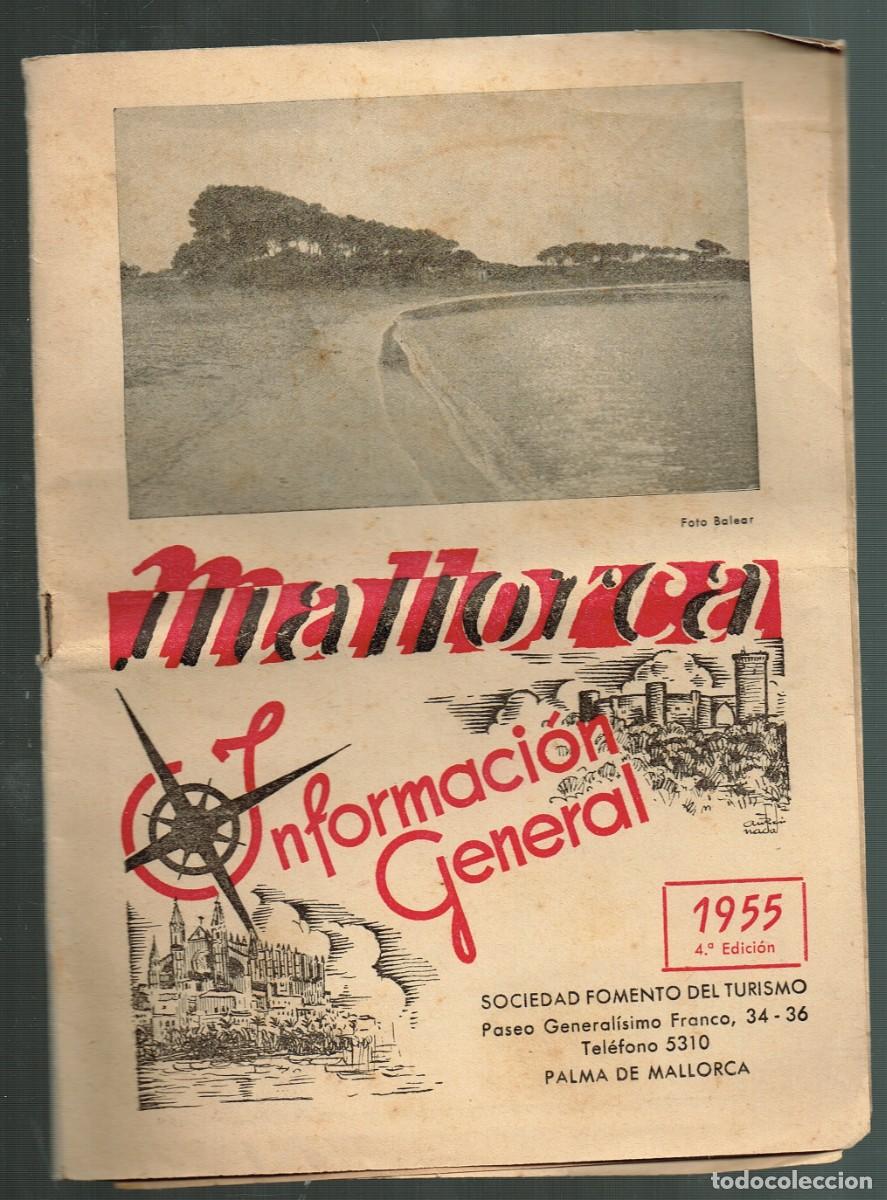 Travel Brochures: 1955 Folleto Mallorca Informaci&oacute;n General Antiguo Plano Plegado de Palma, Comunicaciones Mar, A&eacute;reas