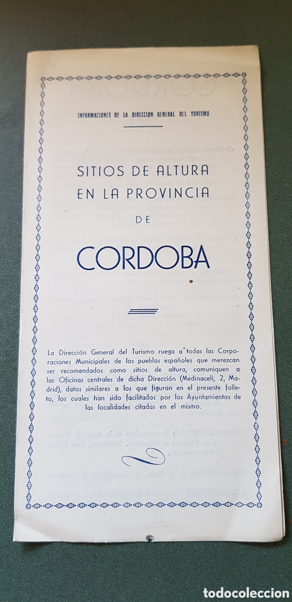 Tourismusbrosch&uuml;ren: Sitios de Altura C&oacute;rdoba Folleto 1946 direcci&oacute;n general turismo