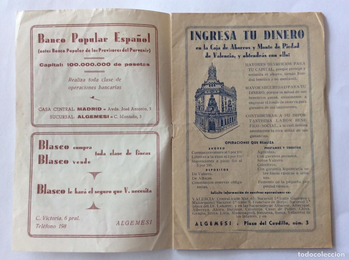 Folletos de turismo: PROGRAMA FERIA Y FIESTAS JUNIO 1947 ALGEMES&Iacute; VALENCIA. - Foto 3