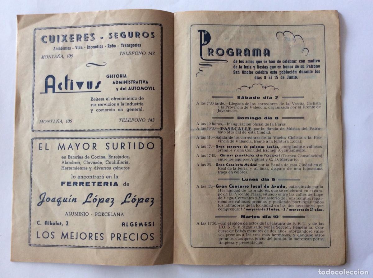 Folletos de turismo: PROGRAMA FERIA Y FIESTAS JUNIO 1947 ALGEMES&Iacute; VALENCIA. - Foto 5