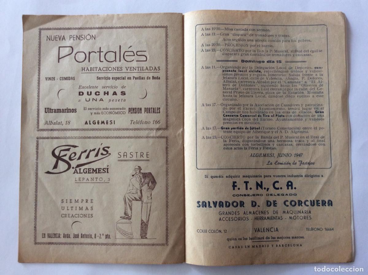 Folletos de turismo: PROGRAMA FERIA Y FIESTAS JUNIO 1947 ALGEMES&Iacute; VALENCIA. - Foto 8