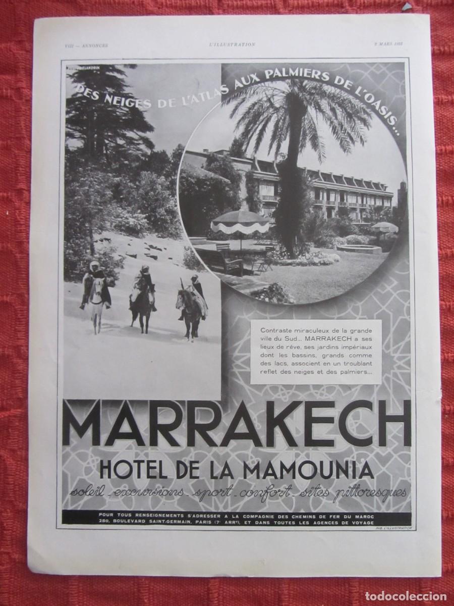 Folhetos de turismo: MARRAKECH HOTEL DE LA MAMOUNIA. HOJA REVISTA L'ILLUSTRATION 1935. 38X28