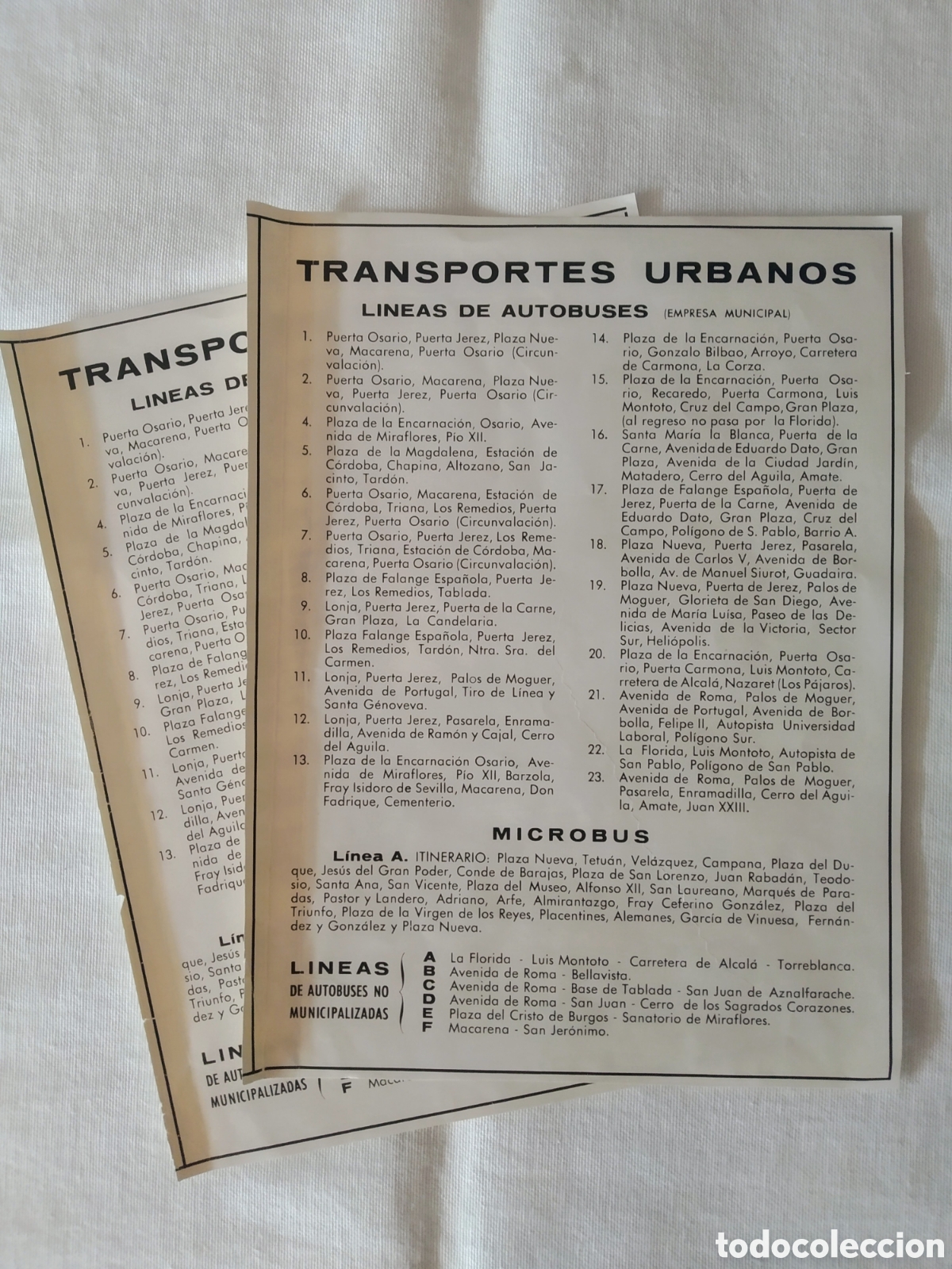 Tourismusbrosch&uuml;ren: PAREJA DE HOJAS INFORMATIVAS DE LINEAS DE AUTOBUSES DE SEVILLA A&Ntilde;OS 60