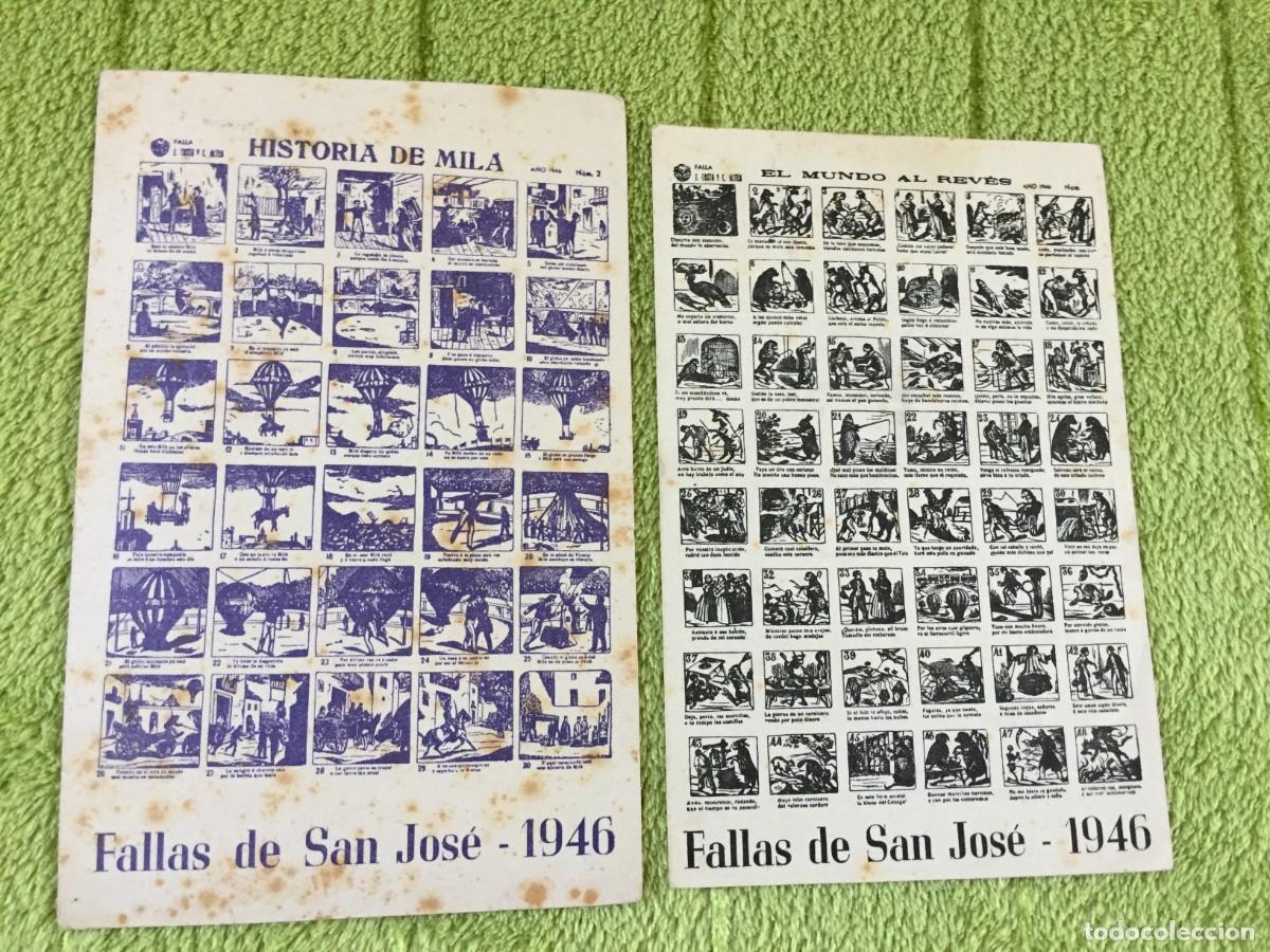 Tourismusbrosch&uuml;ren: 2 POSTALES ORIGINALES DE FALLAS DE VALENCIA 1946 CON AUCAS HISTORIA DE MILA Y EL MUNDO AL REVES