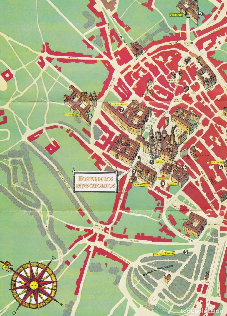 Folletos de turismo: Santiago de Compostela - Hostal de Los Reyes Cat&oacute;licos - Fournier 1961 - Plano de la Ciudad