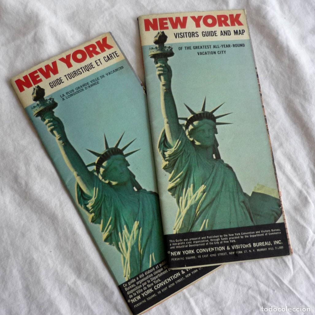 Travel Brochures: 2 gu&iacute;as de Nueva York New York, en franc&eacute;s e ingl&eacute;s, 1965, con plano de la ciudad (75 x 43 cm)