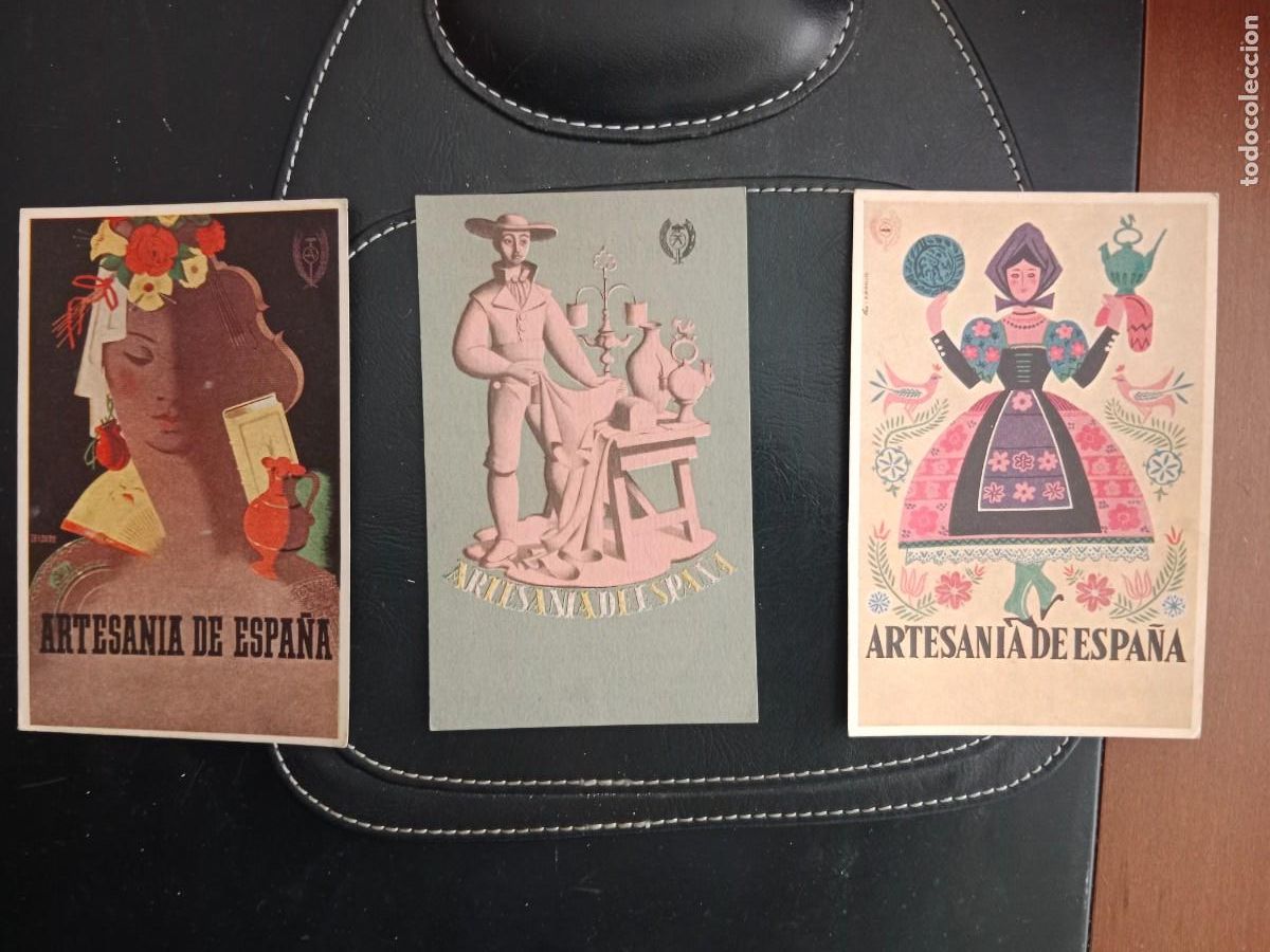 Brochures de tourisme: LOTE DE 3 TARJETAS TAMA&Ntilde;O POSTAL - ARTESANIA EN ESPA&Ntilde;A - EDUCACION Y DESCANSO FALANGE - A&Ntilde;OS 40/50