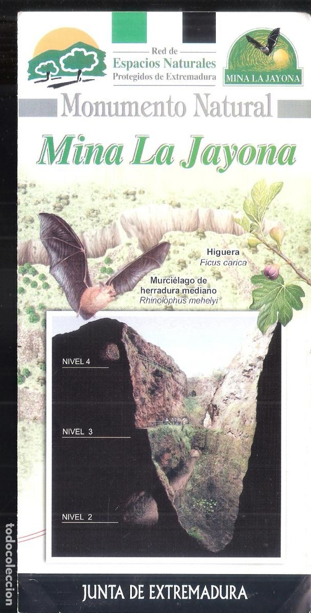 Folhetos de turismo: Mina La Joyona. Monumento Natural.. Junta de Extremadura. Triptico. 22X11cm. Anotaciones..