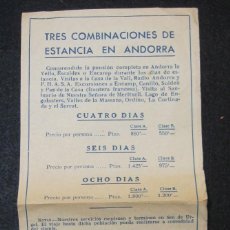 Folletos de turismo: ANDORRA, TRES COMBINACIONES DE ESTANCIA EN... 1951, 1 HOJA DOBLE CARA 21 X 10 CM
