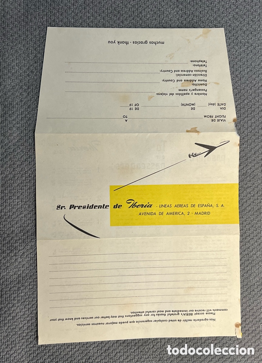 Travel Brochures: IBERIA. Triptico publicitario Iberia. Madrid. Encuesta comercial. Carta respuesta usuarios (h.1960?)
