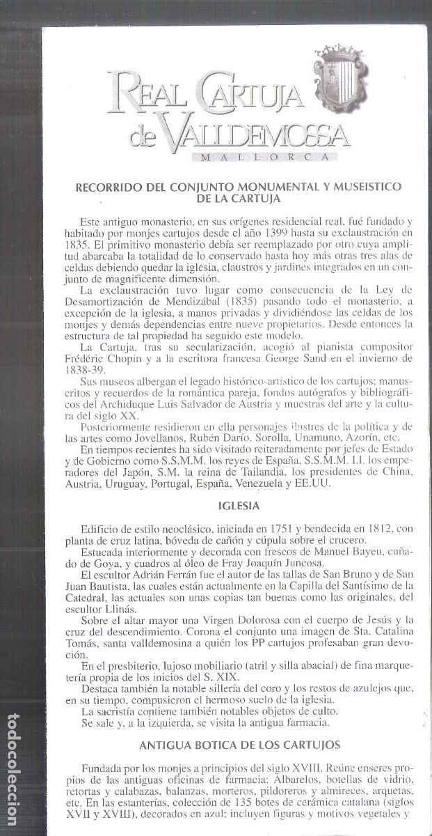 Brochures de tourisme: Real Cartuja de Valldemossa. Mallorca. Diptico. 21X11 cm. Doblez central.