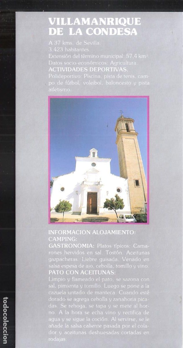 Travel Brochures: Villamanrique de la Condesa.Sevilla.Patronato Provincial de Turismo de Sevilla.Hoja/Ficha. 21X11 cm.
