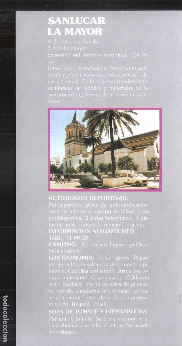 Folletos de turismo: Sanlucar La Mayor.Sevilla. Patronato Provincial de Turismo de Sevilla.Hoja/Ficha. 21X11 cm.