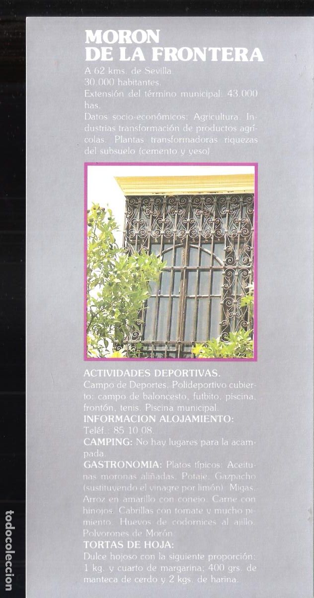 Folletos de turismo: Mor&oacute;n de la Frontera.Sevilla. Patronato Provincial de Turismo de Sevilla.Hoja/Ficha. 21X11 cm.