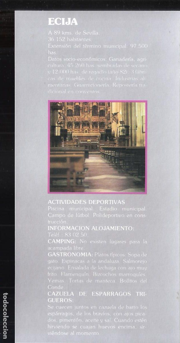 Brochures de tourisme: Ecija.Sevilla. Patronato Provincial de Turismo de Sevilla.Hoja/Ficha. 21X11 cm.