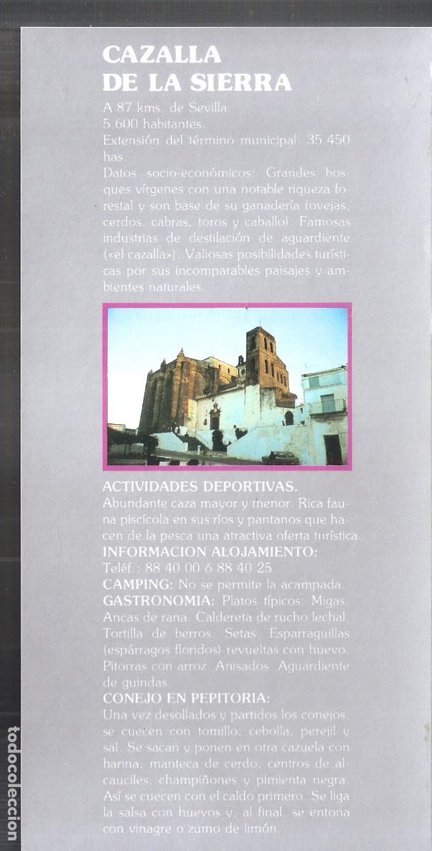 Brochures de tourisme: Cazalla de la Sierra.Sevilla. Patronato Provincial de Turismo de Sevilla.Hoja/Ficha. 21X11 cm.