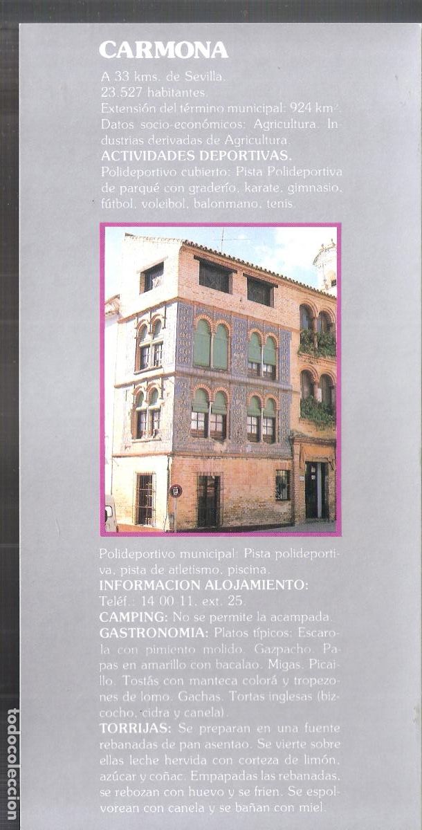 Brochures de tourisme: Carmona. Sevilla. Patronato Provincial de Turismo de Sevilla. Hoja/Ficha. 21X11 cm.