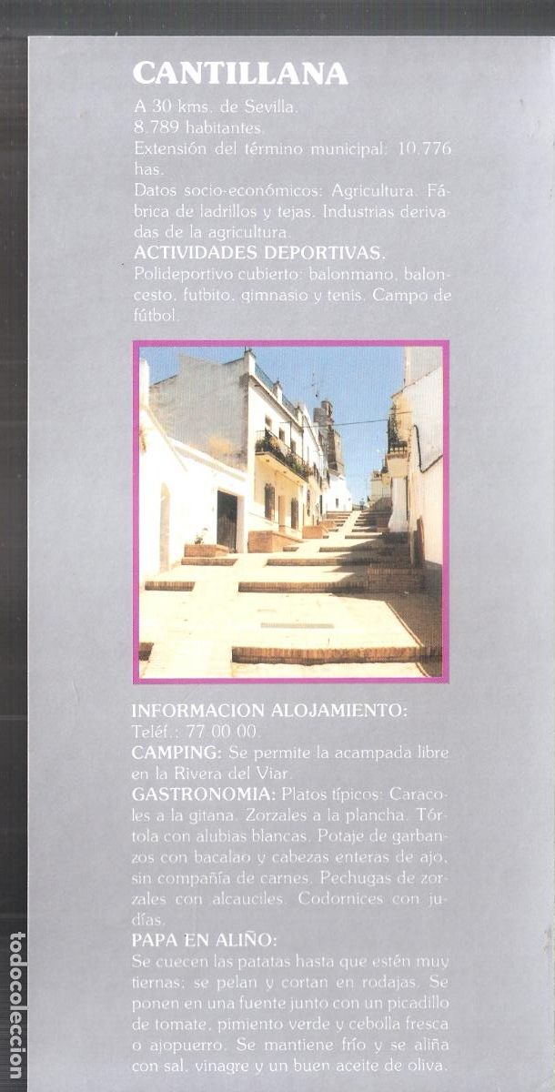 Brochures de tourisme: Cantillana. Sevilla. Patronato Provincial de Turismo de Sevilla. Hoja/Ficha. 21X11 cm.
