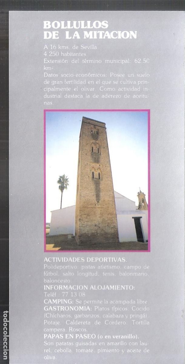 Brochures de tourisme: Bollullos de la Mitaci&oacute;n. Sevilla. Patronato Provincial de Turismo de Sevilla. Hoja/Ficha. 21X11 cm.