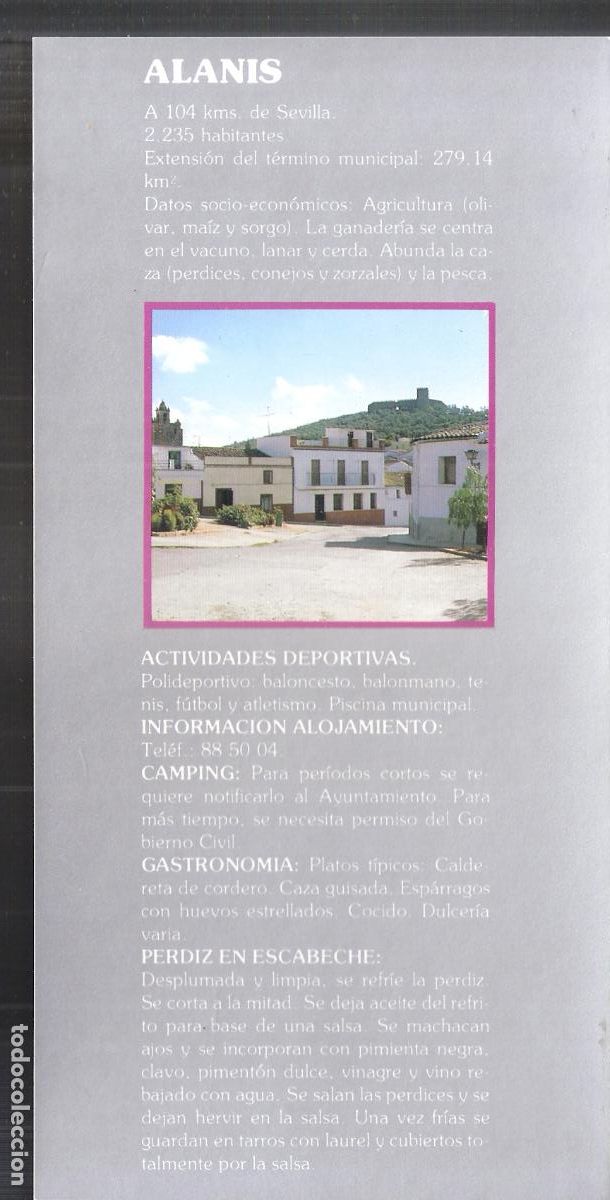 Brochures de tourisme: Alanis. Sevilla. Patronato Provincial de Turismo de Sevilla. Hoja/Ficha. 21X11 cm.