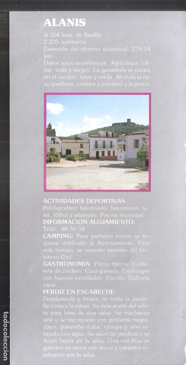 Brochures de tourisme: Alanis. Sevilla. Patronato Provincial de Turismo de Sevilla. Hoja/Ficha. 21X11 cm.