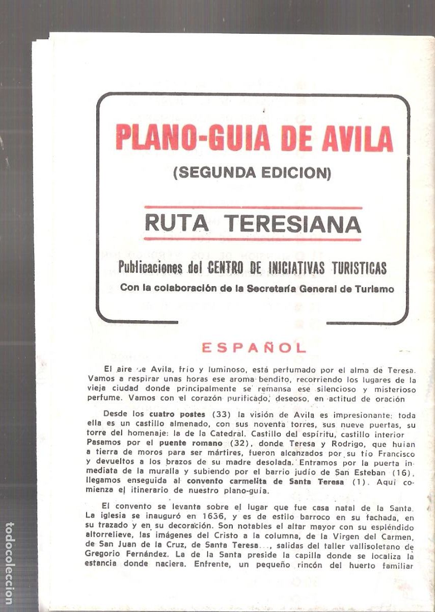 Brochures de tourisme: Plano Gu&iacute;a de Avila. Ruta Teresiana. 1984. Centro de iniciativas tur&iacute;sticas. Desplegable 11X16/44X32