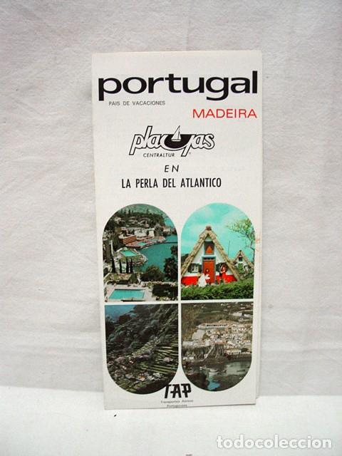 Brochures de tourisme: Madeira. &iquest;A&ntilde;os 70? Tap. Transportes a&eacute;reos portugueses. D&iacute;ptico con texto y fotograf&iacute;as.