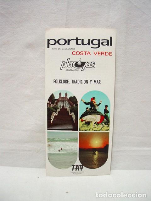 Brochures de tourisme: Costa verde. A&ntilde;os 70. Transportes a&eacute;reos portugueses. D&iacute;ptico con texto y fotograf&iacute;as.