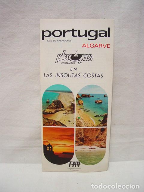 Brochures de tourisme: Algarve. &iquest;A&ntilde;os 70? D&iacute;ptico con texto y fotograf&iacute;as. Tap. Transportes a&eacute;reos portugueses.