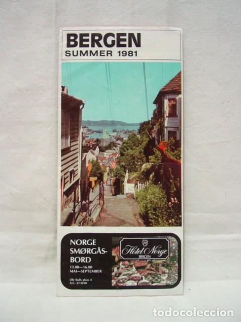 Brochures de tourisme: Bergen. (Noruega) A&ntilde;os 80. Folleto desplegable. Contiene plano 28 X 20 Cm; textos y alguna foto. Med