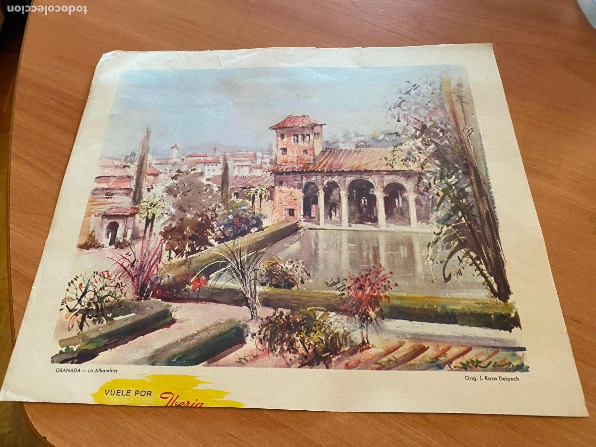 Travel Brochures: VUELE POR IBERIA. LAMINA GRANADA ALHAMBRA. 34,5 x 30 cm. dibujo J. ROCA DELPECH (AB-8)
