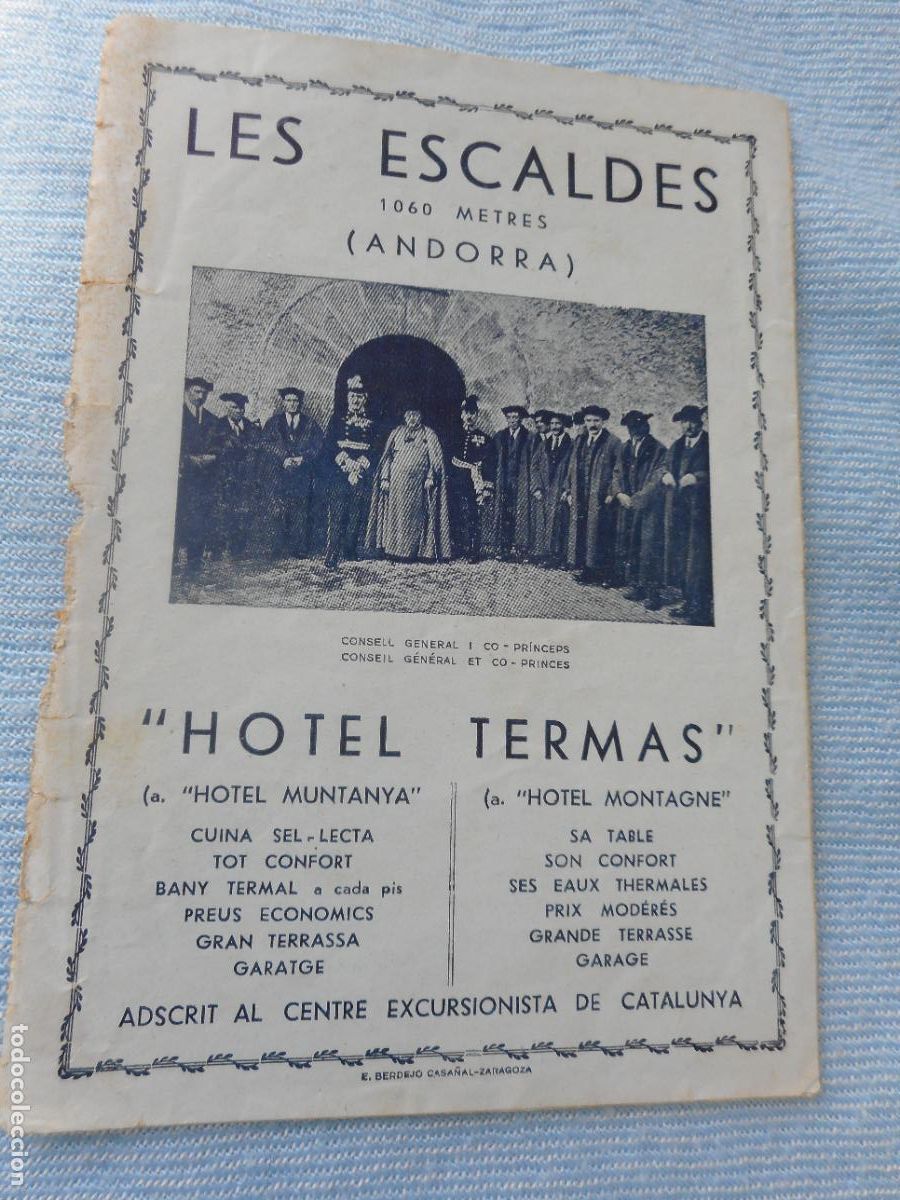Travel Brochures: ANTIGUO FOLLETO LES ESCALDES ANDORRA. HOTEL MUNTANYA TERMAS. CENTRE EXCURSIONISTA CATALUNYA