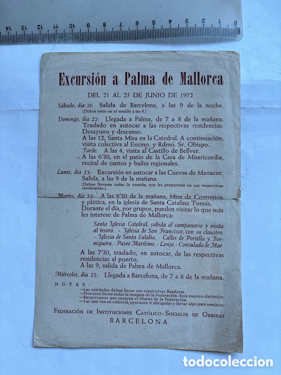 Travel Brochures: PROGRAMA EXCURSION A PALMA DE MALLORCA. DEL 21 AL 25 DE JUNIO DE 1952. FEDER. INSTITUC. CAT&Oacute;LICO-SOC