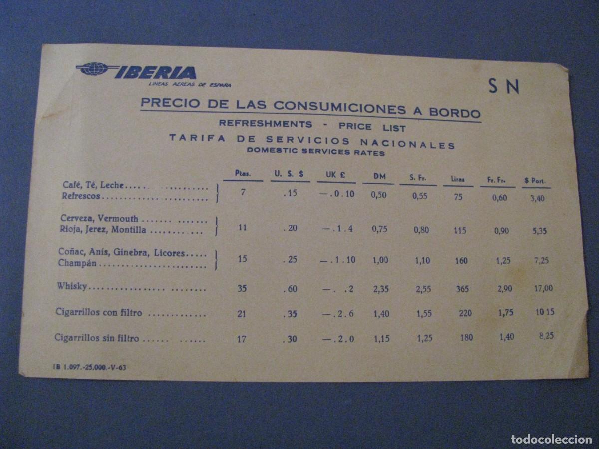 Tourismusbrosch&uuml;ren: IBERIA, LINEAS AEREAS DE ESPA&Ntilde;A. PRECIO CONSUMICIONES A BORDO. A&Ntilde;OS 60.