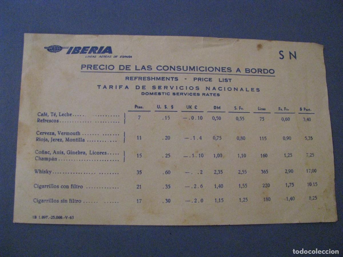 Tourismusbrosch&uuml;ren: IBERIA, LINEAS AEREAS DE ESPA&Ntilde;A. PRECIO CONSUMICIONES A BORDO. A&Ntilde;OS 60.