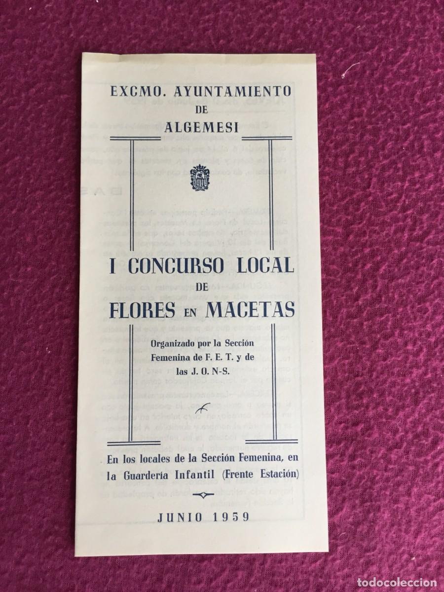 Tourismusbrosch&uuml;ren: DIPTICO DEL PRIMER CONCURSO DE FLORES EN MACETAS DE ALGEMESI 1959 - JUVENTUDES FEMENINAS FALANGE