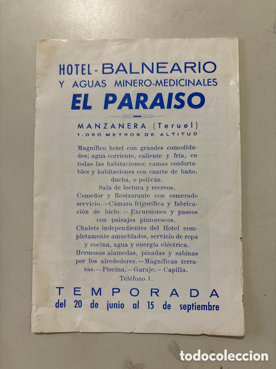 Brochures de tourisme: HOTEL-BALNEARIO Y AGUAS MINERO-MEDICINALES. EL PARA&Iacute;SO. TEMPORADA 20 JUNIO -15 SEPTIEMBRE. MANZANERA