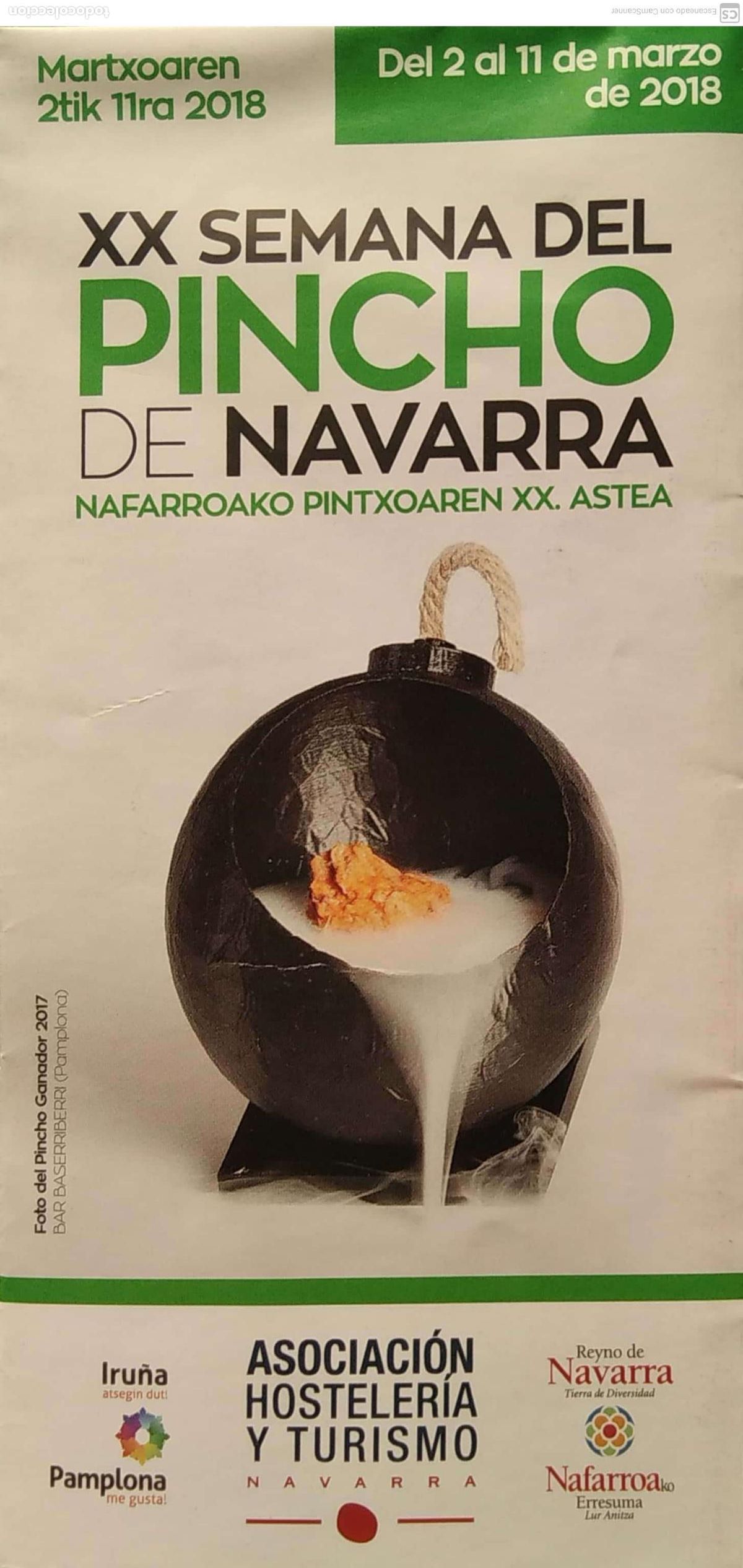 Folletos de turismo: XX Semana del Pincho de Navarra.Asociaci&oacute;n Hosteler&iacute;a y Turismo. Celebrado del 2 al 11 de marzo de