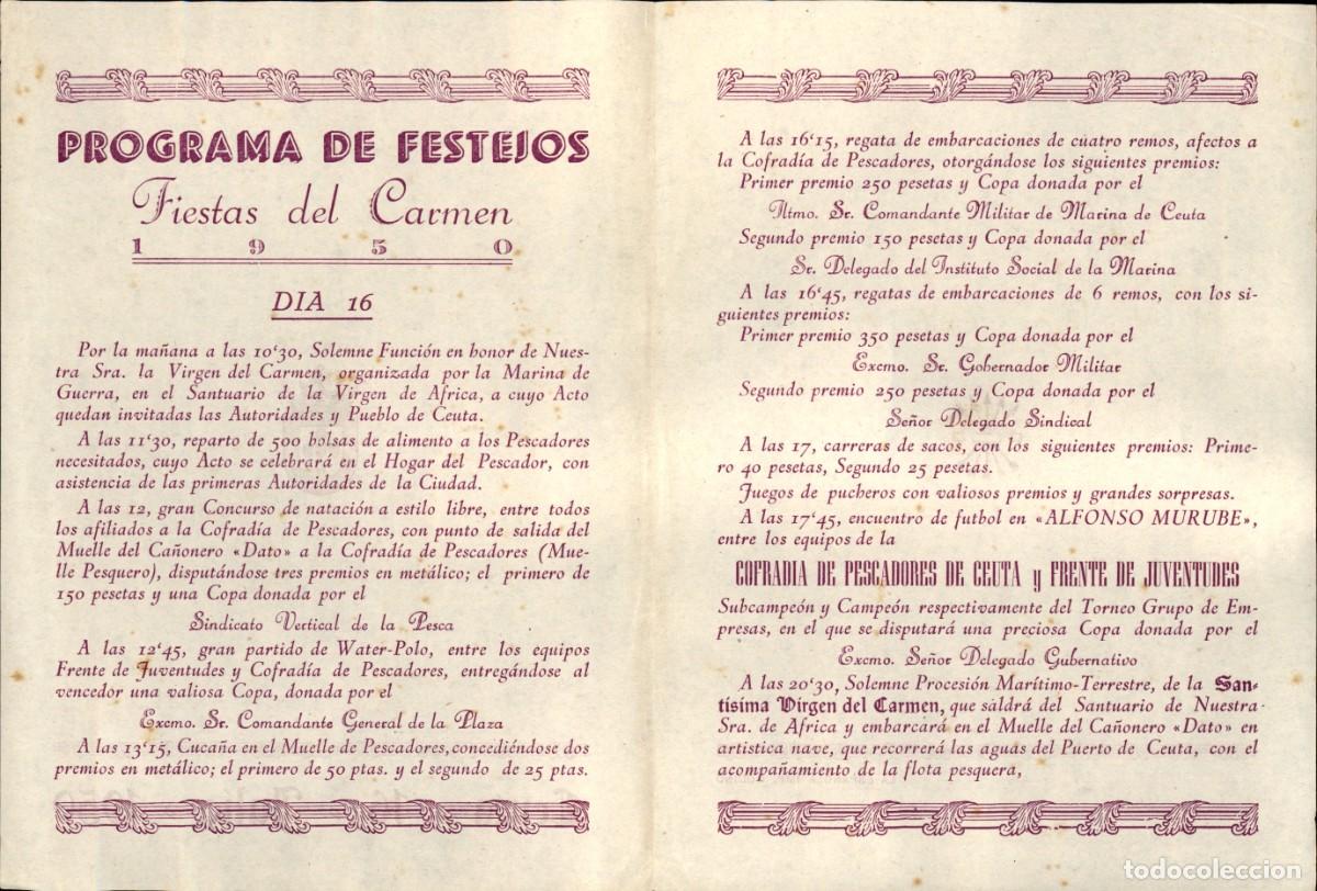Folhetos de turismo: Original de epoca - A&ntilde;o 1950 - Programa de festejos de Ceuta 16 julio 1950