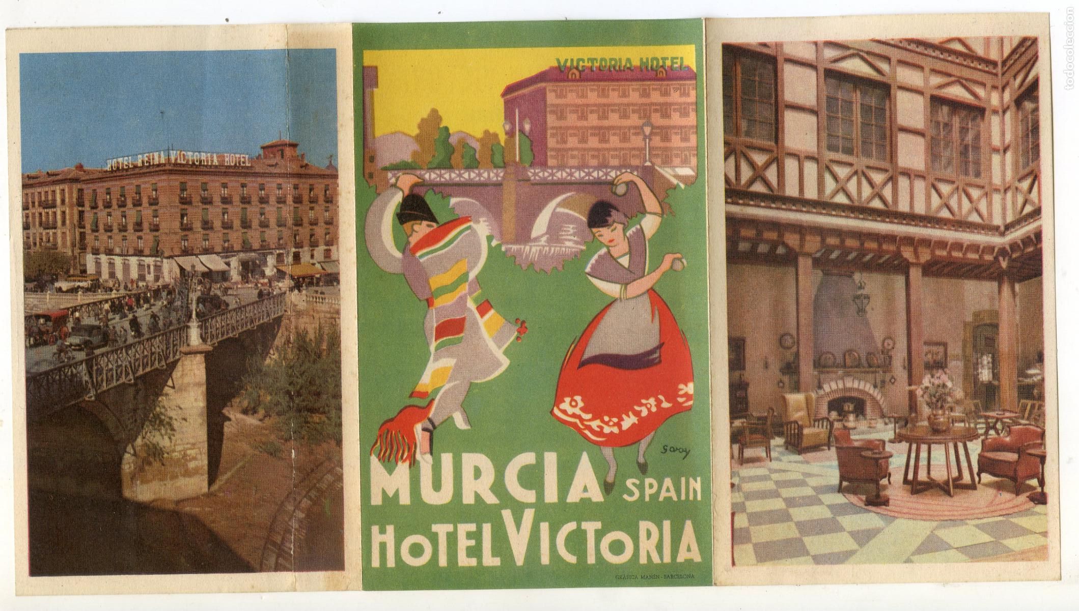 Brochures de tourisme: Murcia, Hotel Victoria, tr&iacute;ptico desplegable y sobre del hotel con papel con membrete, 1970