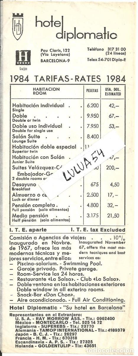 Folletos de turismo: HOTEL DIPLOMATIC, BARCELONA - TARIFAS DE PRECIOS 1984