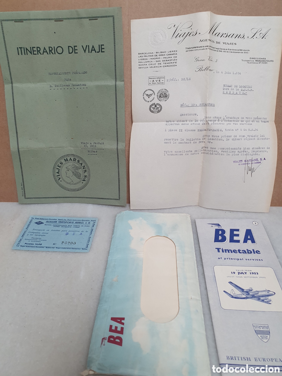 Folhetos de turismo: VIAJES MARSANS. BRITISH EUROPEAN AIRWAYS. ITINERARIO DE VIAJE. A&Ntilde;O 1954.