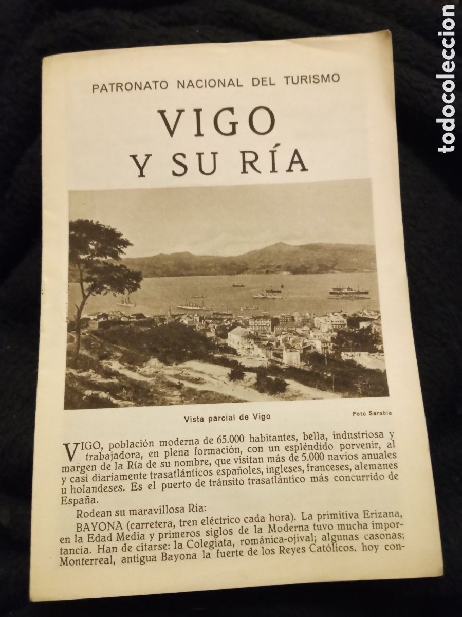 Folhetos de turismo: Vigo y su R&iacute;a, Patronato Nacional de Turismo d&eacute;cada de 1930, tiene 8 p&aacute;ginas.